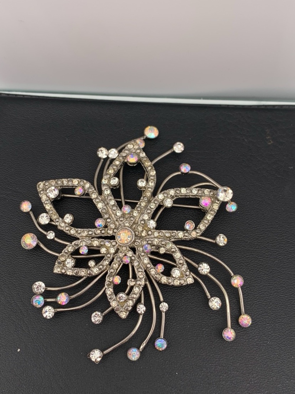 Vintage Large silver Tone Aurora Borealis Crystal Floral Burst Brooch